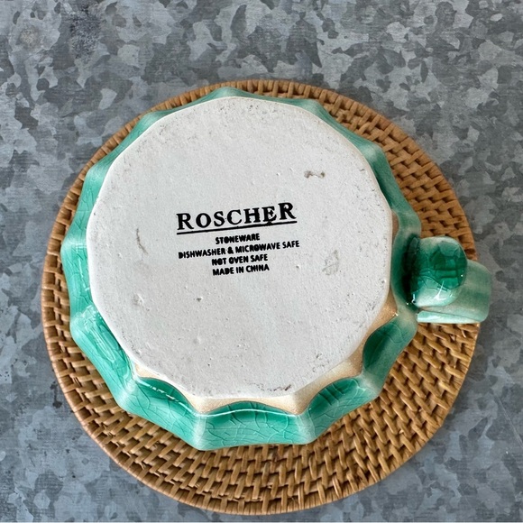 Roscher Stoneware 16 oz Green Crackle Glaze Coffee Mug – Ribbed Potbelly Style - Picture 3 of 7